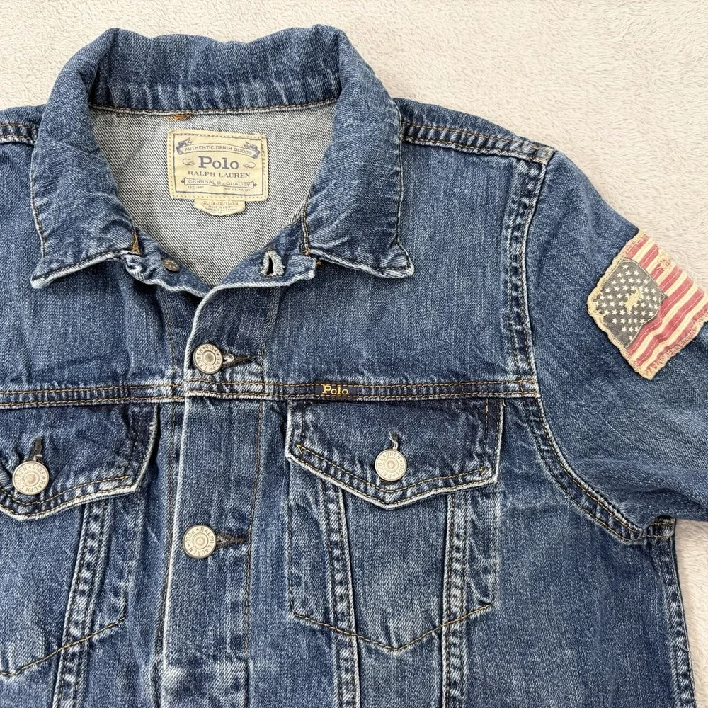 Polo Ralph Lauren Denim Jacket Kid XL (18-20) Blue Trucker USA Flag Patch Button